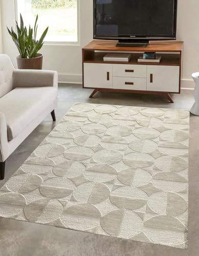 Modern Geometric Area Rug, Living Room Carpet with Circle Pattern, 3D Textured Design, Light Grey Hand Tufted Modern Carpet Wool Loop and Cut 5x8 FT