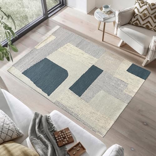 Modern Abstract Area Rug, Geometric Pattern, Blue and Beige, Living Room Carpet (Real Steelblue) Hand Tufted Modern Carpet Wool 5X7 FT Modern