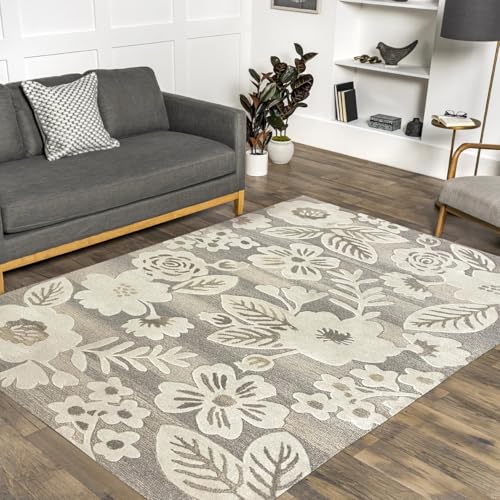 Floral Area Rug, Grey and Cream, Modern Living Room Carpet with Large Botanical Pattern Hand Tufted Modern Carpet Wool Floral 5X8 FT