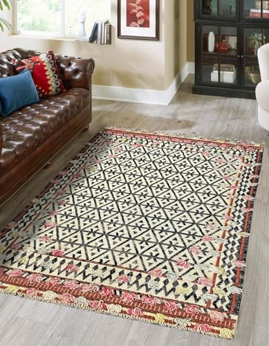 Geometric Pattern Area Rug, Black and Cream with Red Border, Traditional Design, Tasselled Edges Kilim Rug Hand Made Modern Wool 5x8 FT