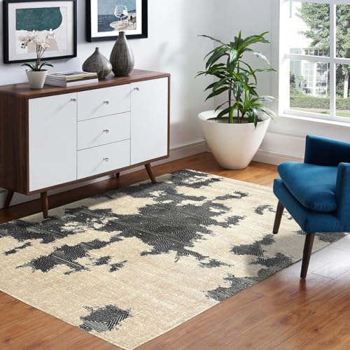 Modern Abstract Area Rug, Modern Pattern, Living Room Carpet Hand Tufted Cloudy Theme Wool Carpet 5X8 FT Black and White