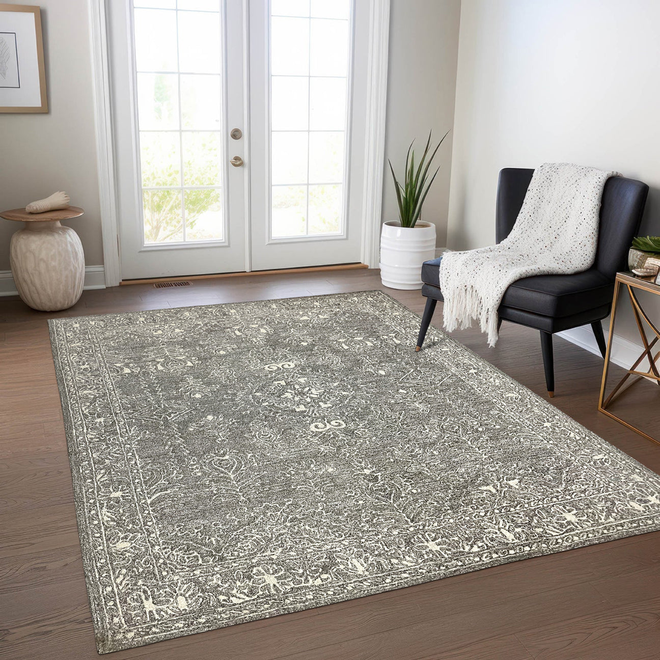 Persian Design Hand Tufted Wool Area Rug, 8 x 10 ft, Grey and White, Traditional Pattern