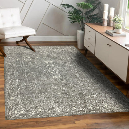 Persian Design Hand Tufted Wool Area Rug, 8 x 10 ft, Grey and White, Traditional Pattern