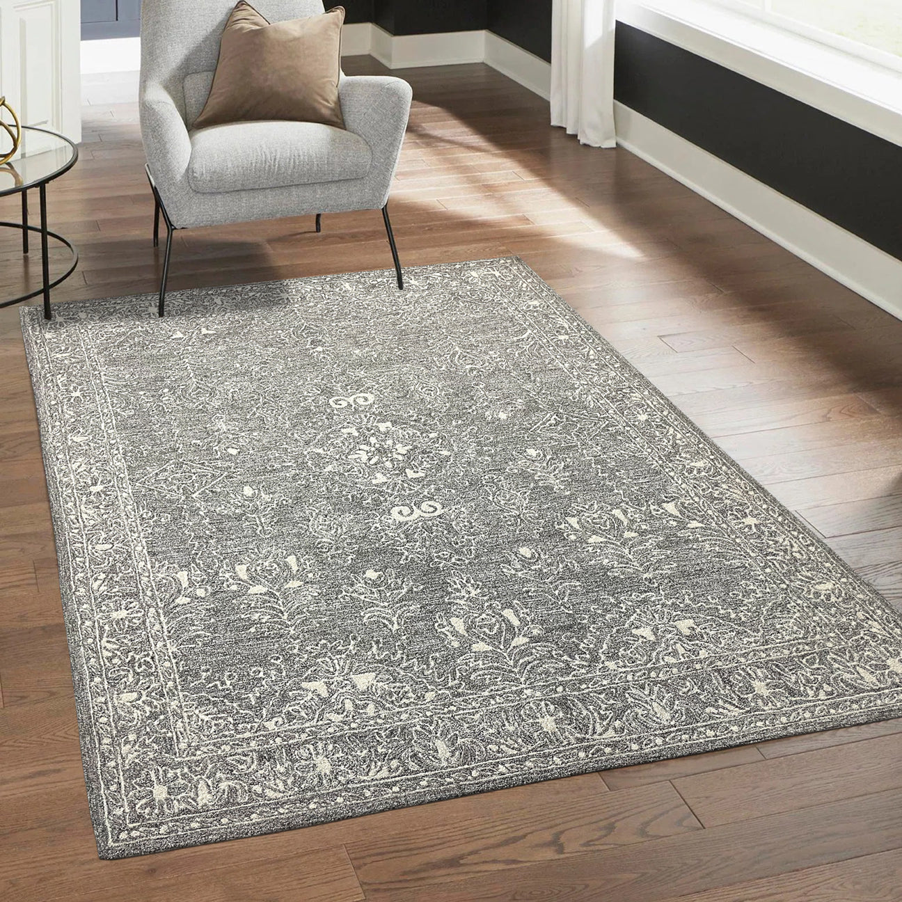 Persian Design Hand Tufted Wool Area Rug, 8 x 10 ft, Grey and White, Traditional Pattern