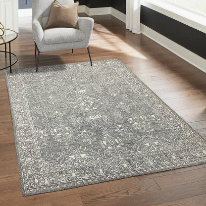 Persian Design Hand Tufted Wool Area Rug, 8 x 10 ft, Grey and White, Traditional Pattern